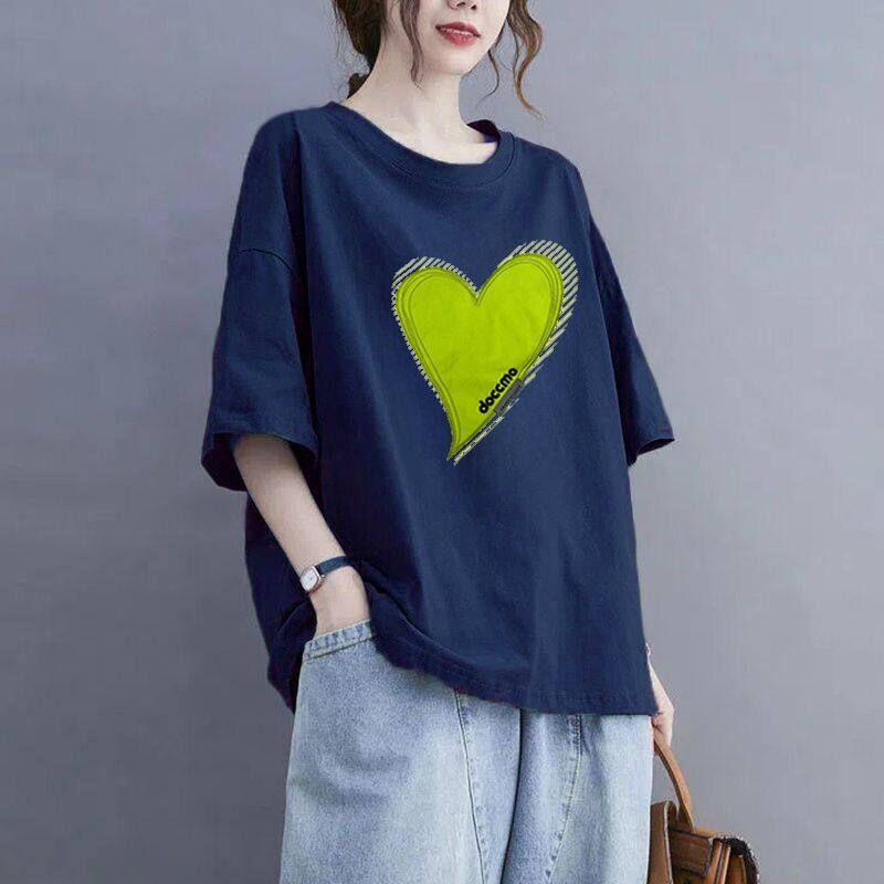 150kg Plus Size Korean Style Women's Short-Sleeve T-Shirt, Heart-Shaped Design, Loose Fit, Slimming Top, Cover-Up Shirt for Women