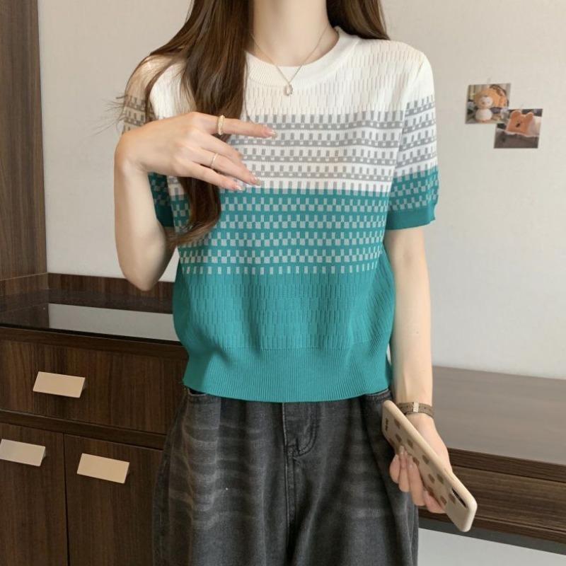 Women's Striped Color Block Knit T-Shirt, Short Sleeve Crew Neck Casual Knitwear Top