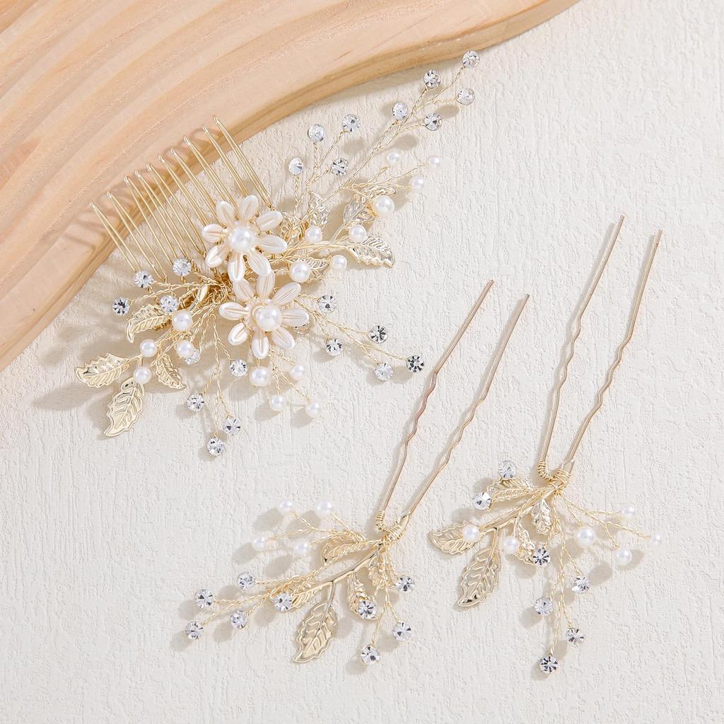 Famihot Hair Accessory Set with and Leaf and Flower Bridal Kanzashi and Crystal Perfect for Entrance and Perfect for Kimono and Made of Alloy and Gold