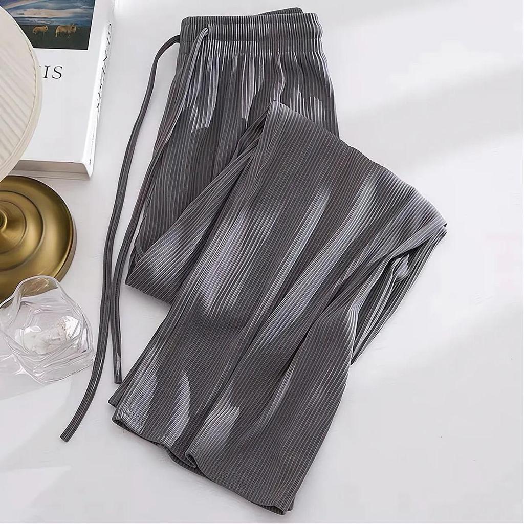 Women's Summer Ice Silk Wide-Leg Pants: One or Two-Piece Set, Korean Style, High Waist, Slimming, Floor-Length.