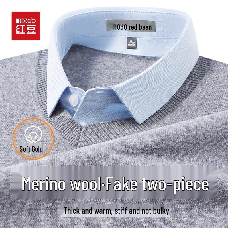 Hodo Men's 100% Wool Thickened Shirt Collar Mock Two-Piece Sweater