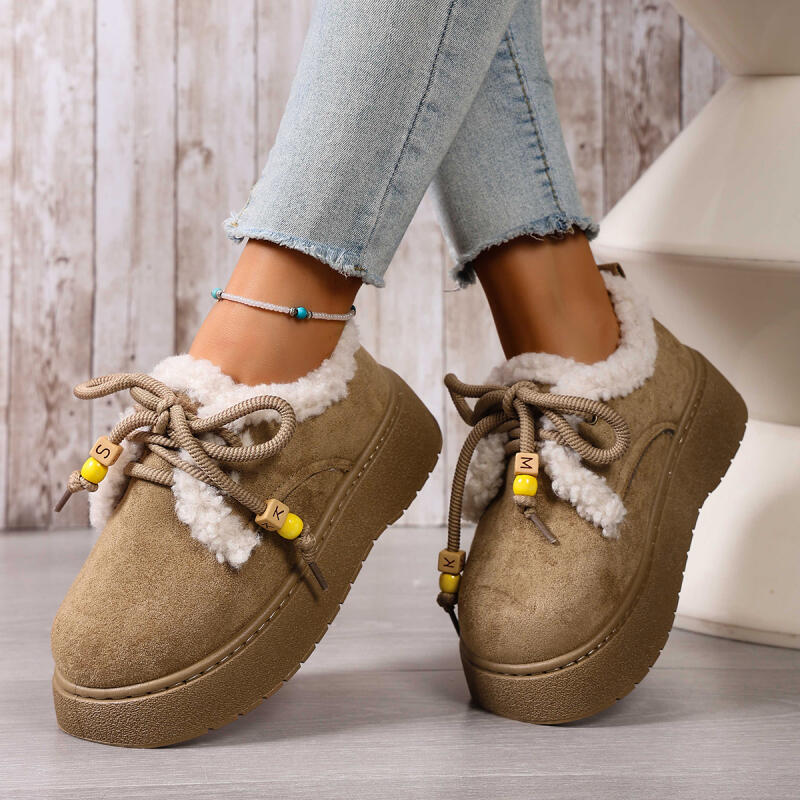 Fashion Comfort Platform Fluffy Fur Snow Boots Women 2025 Winter Thick Bottom Furry Ankle Boots Colored Bead Lace Up Suede Casual Shoes