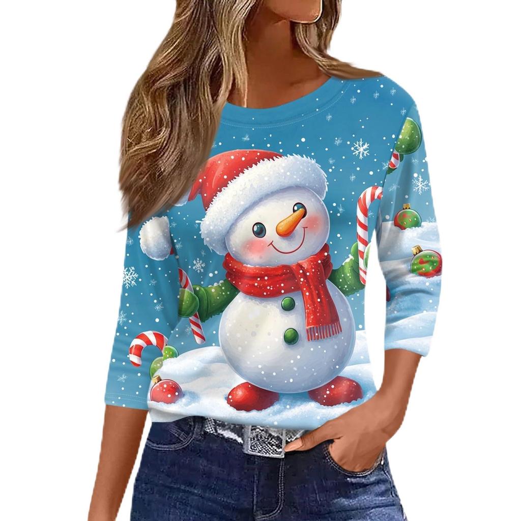 Women's Snowman Printed Christmas Theme Round Neck Long Sleeve T-shirt Casual Polyester Christmas Party Pullover