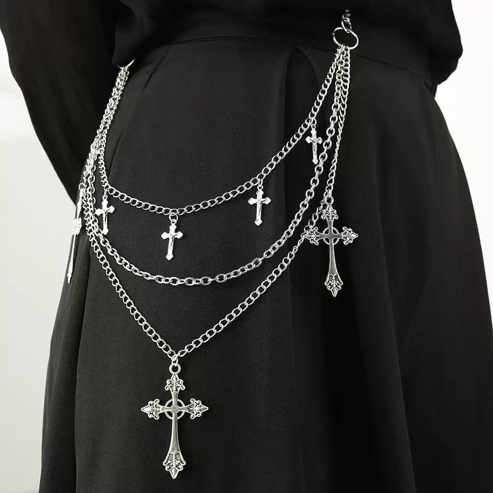 Punk Multi-Layer Cross Pendant Chain - Hot-Selling Metal Pants Accessory for Girls