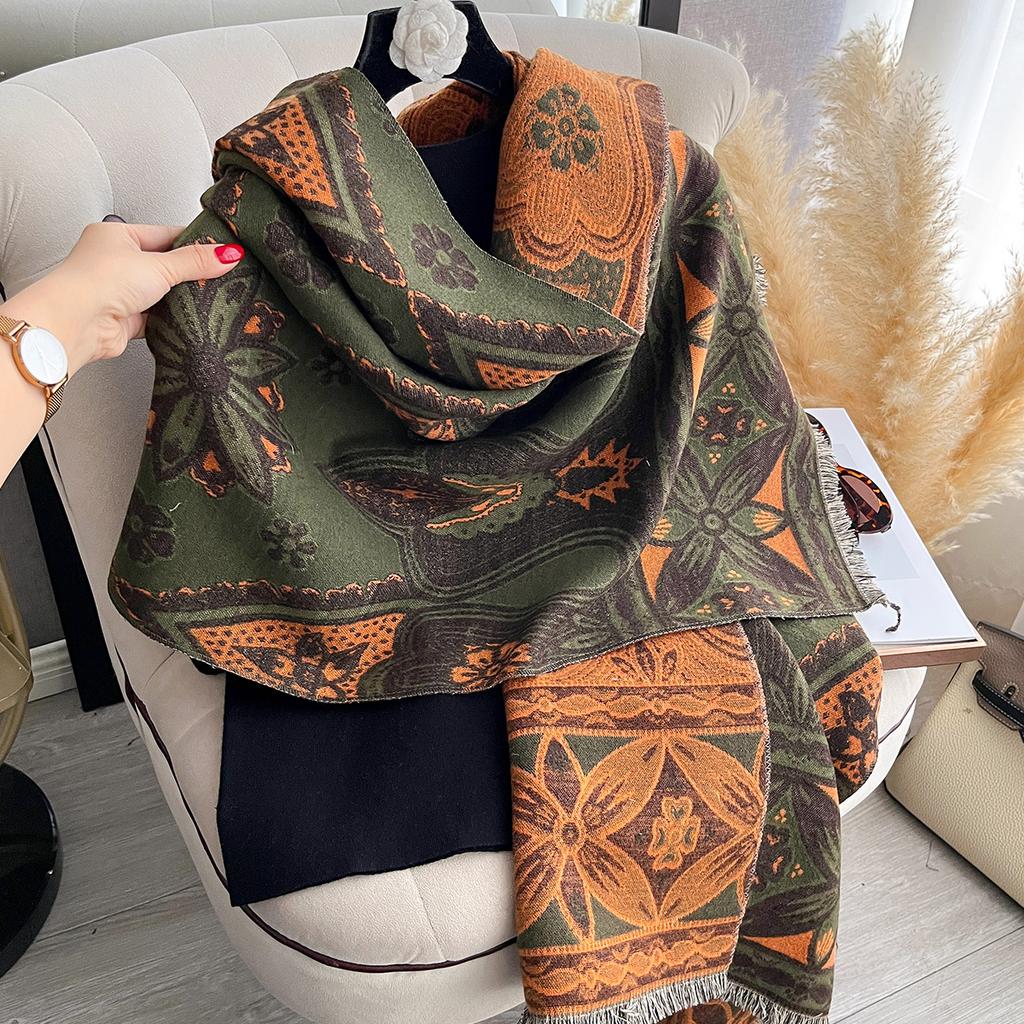 Women Two Sided Flower Print New Scarf Imitation Cashmere Soft Warm Pashmina Shawl Autumn Winter Coldproof Windproof Blanket