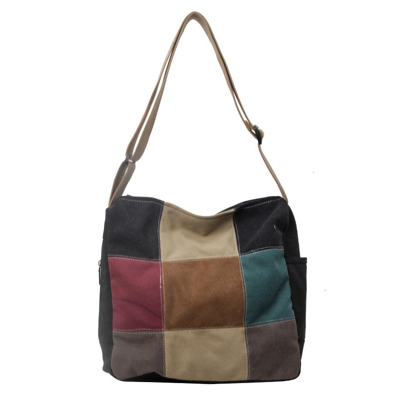 

Большая вместительная холщовая сумка с контрастной строчкой, женская сумка через плечо, студенческая пригородная сумка чёрный