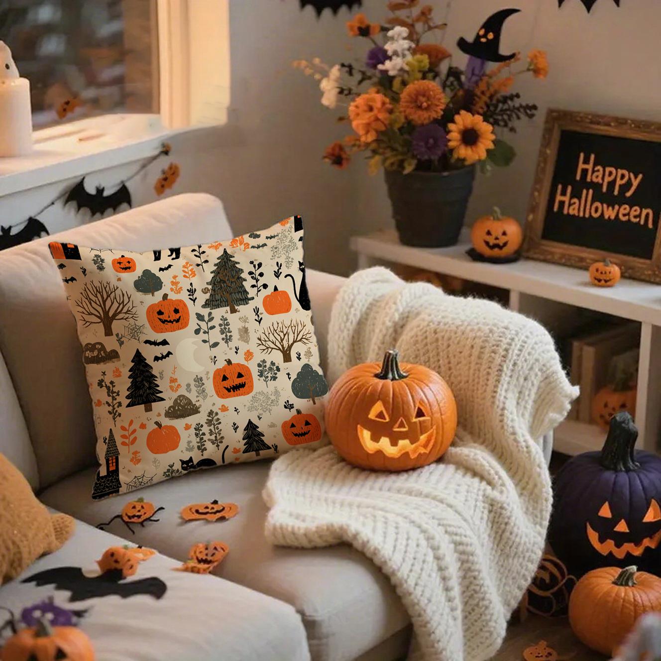 

Halloween Pumpkin & Skeleton Pillow Covers Decorative Home Double-sided Print Square Pillow Bedroom Room Decoration Pillowcase 18x18Inch