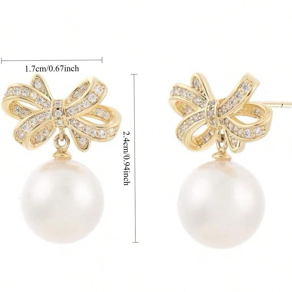 1 Pair of Cute Female Earrings, Bow Shaped Pearl Earrings, Inlaid with Synthetic Zircon Earrings, Suitable for Daily Wear and Holiday Gift Giving