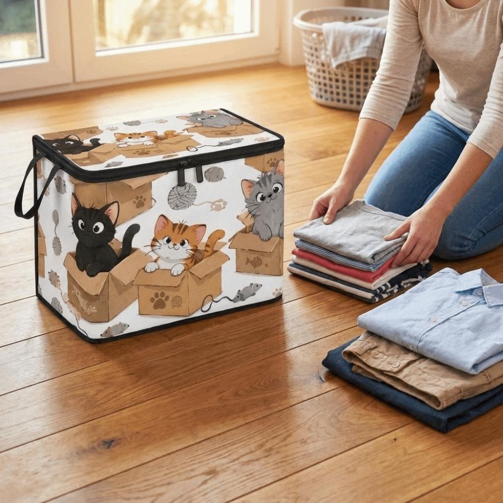 With Lid Foldable Clothes Organizer Large Capacity Cat Pattern Wardrobe Basket Clothing Storage