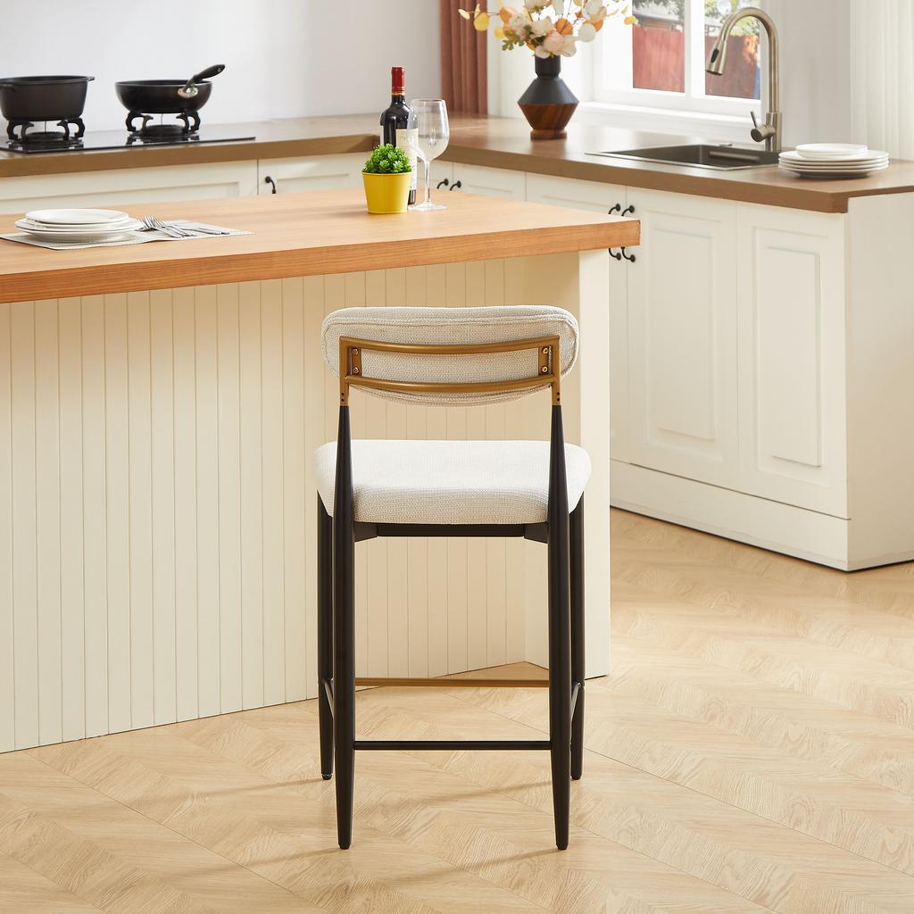 2-Pack Counter Height Bar Stools, Upholstered French Country Kitchen, Ergonomic Curved Backrest, Black & Coffee Contrast Frame, Cream Fabric Cushion