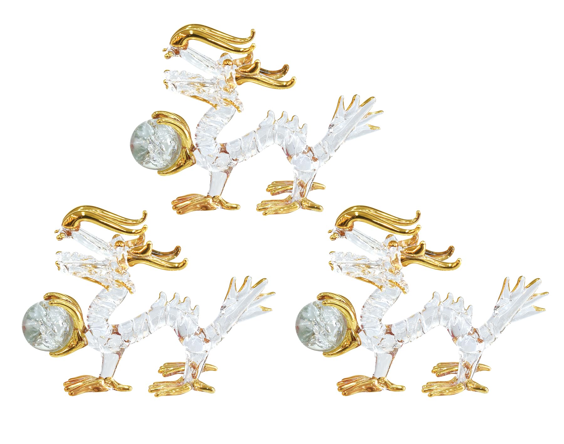 

Fourcart Handmade Glass Feng Shui Purification Dragon with Ball, 2-inch x 3-Piece Set