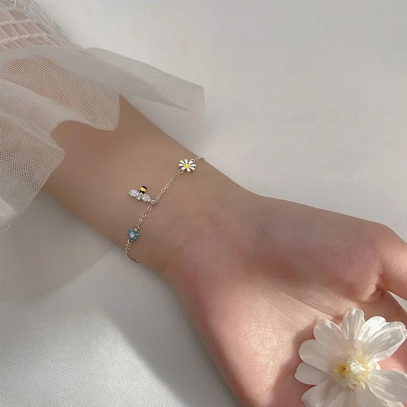 925 Silver Charm Bracelet for Women Girls Tassel Daisy Bee Zircon Jewelry Wedding Party Fashion Accessories