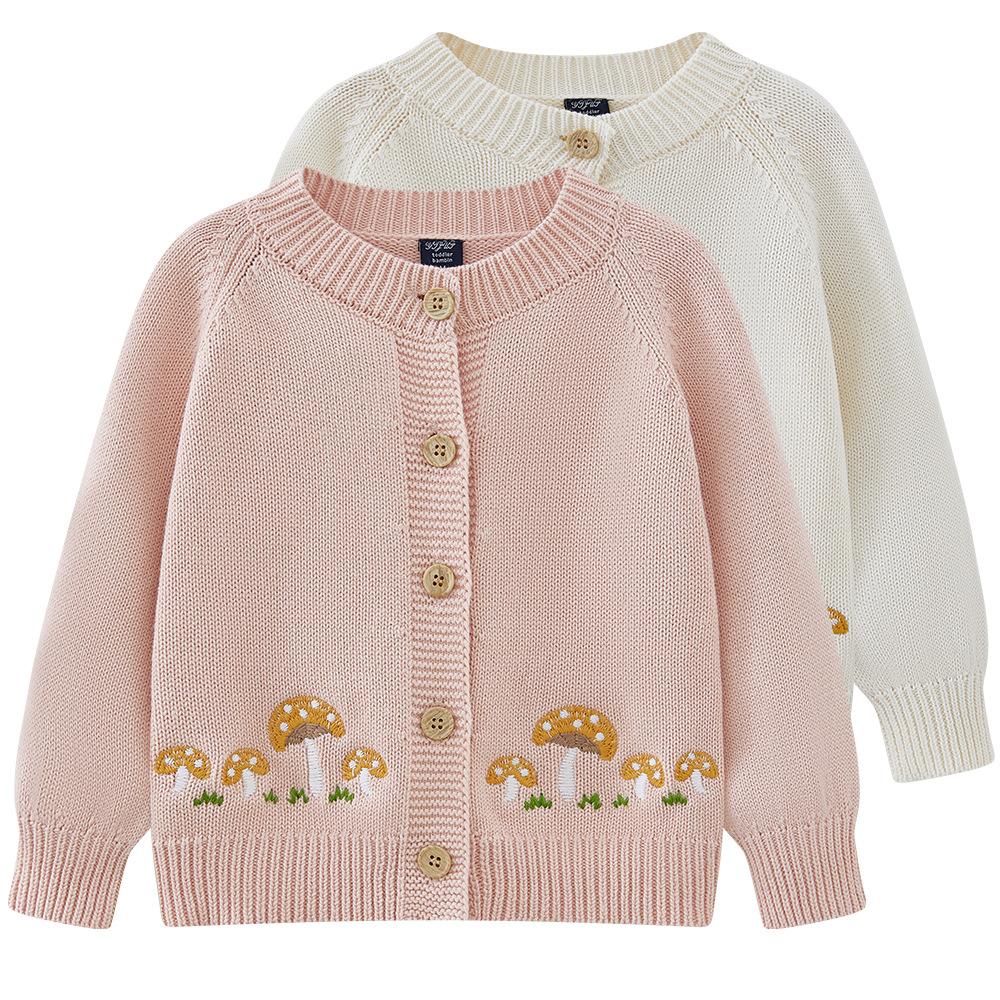 Jarní a podzimní pletený kardigan pro kojence a děti s kulatým výstřihem a houbovou výšivkou, univerzální dívčí bunda z čisté bavlny