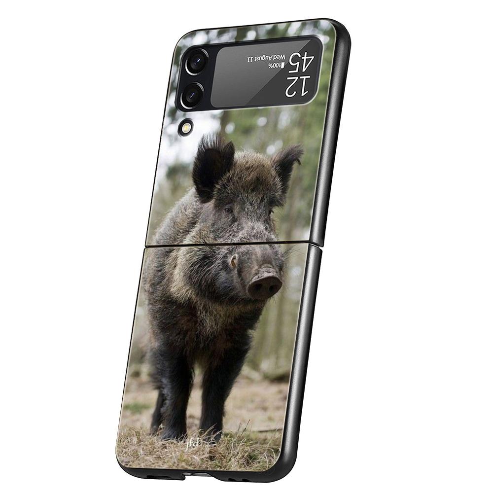 Luxury Phone Case For Samsung Galaxy Z Flip 3 4 5 6 Hard Black Folding PC For Samsung Z Flip3 Flip4 Flip5 Cover Animal Wild Boar