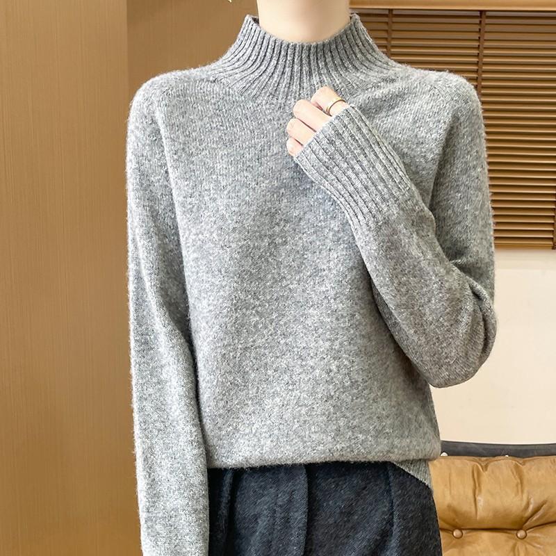 Pulover Gros de Toamnă și Iarnă cu Gât Semi-înalt din Lână pentru Femei, Simplu, Versatil, de Bază