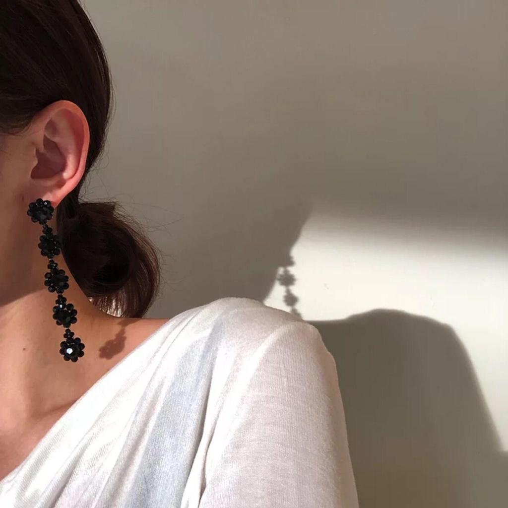 Korean Dongdaemun Crystal Flower Dangle Earrings: Elegant, Transparent, Long, and Exquisite for Women.