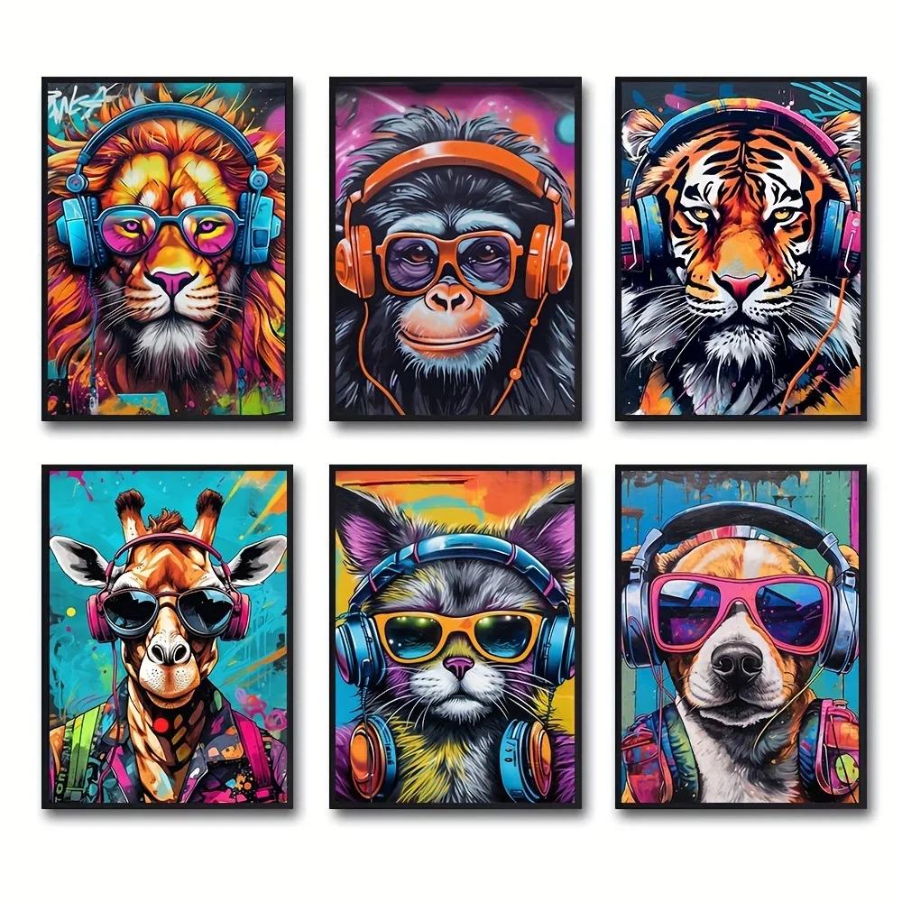 Cool Graffiti Gamer Headphones Animal Poster, Minimalist Wall Art Print Canvas Painting Posters for Living Room Home Decor
