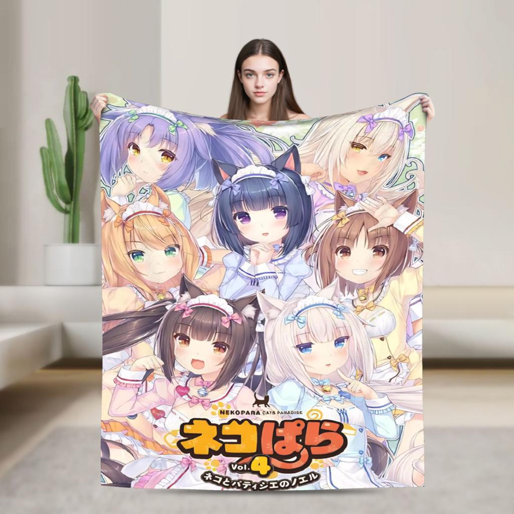 Kawaii Nekopara Anime Catgirls Blankets Fleece  Super Warm Throw Blankets for Outdoor Travel Bedroom Quilt