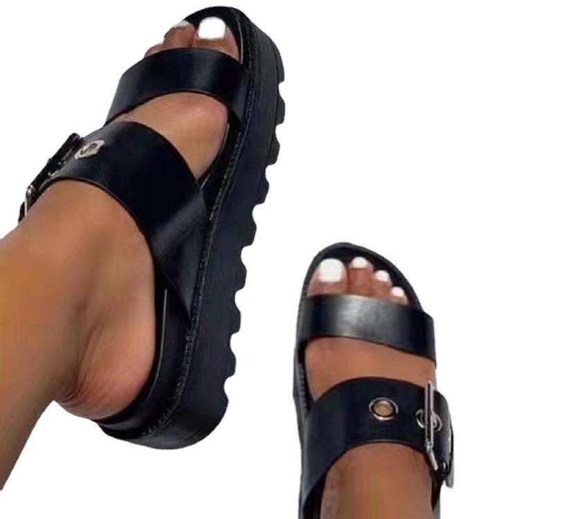 Модные летние модные кожаные тапочки с пряжкой на плоской подошве женские брендовые — фото 4