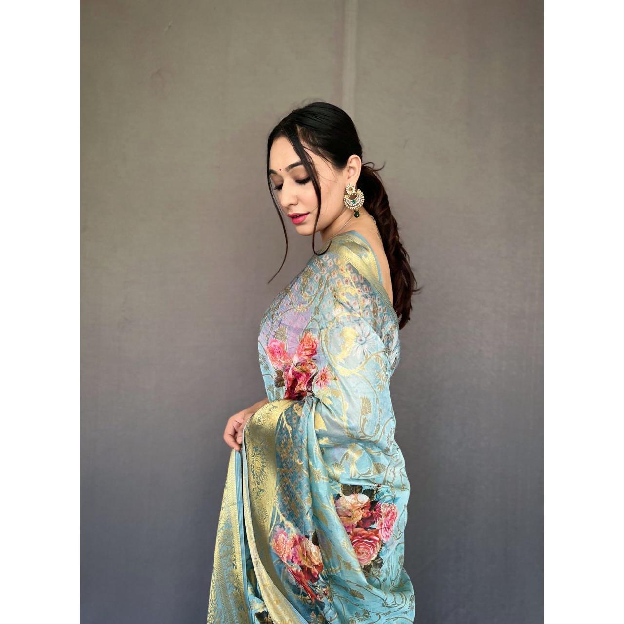 

Персик Banarasi Kora Organza Anokhi Тканое сари с цифровой печатью