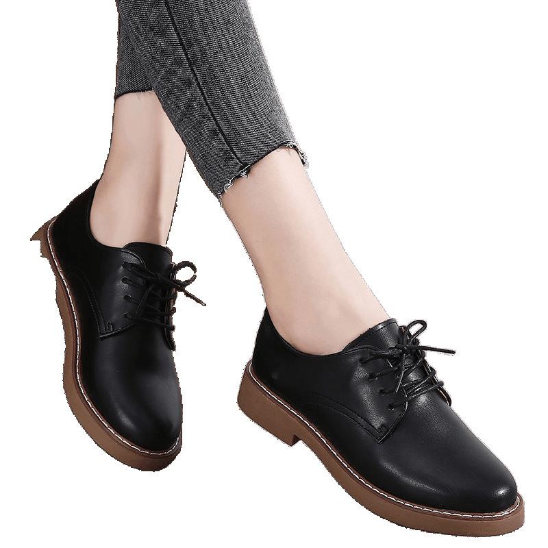 Black Work Shoes Women's Flat-bottomed Casual and Comfortable Oxford Shoes Versatile Lace-up Soft-soled Single Shoes Women's British Style Small Leath