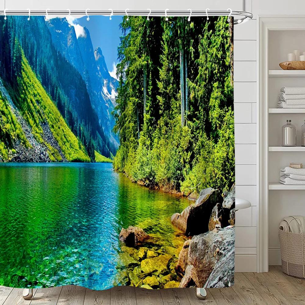 Modern 3D Printing Green Plant Tree Scenery Shower Curtains Forest Bamboo Landscape Bath Curtain Set For Bathroom Decor Cloth
