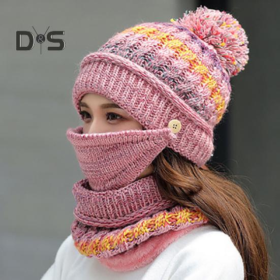 3Pcs/Set Knitting Hat Scarf Set Thickened Plush Lining Furry Ball Decor Beanie Hat Neck Warmer Detachable Face Guard Set