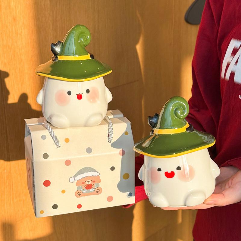 Halloween cute ghost cup girl ceramic mug with lid spoon office couple coffee cup souvenir