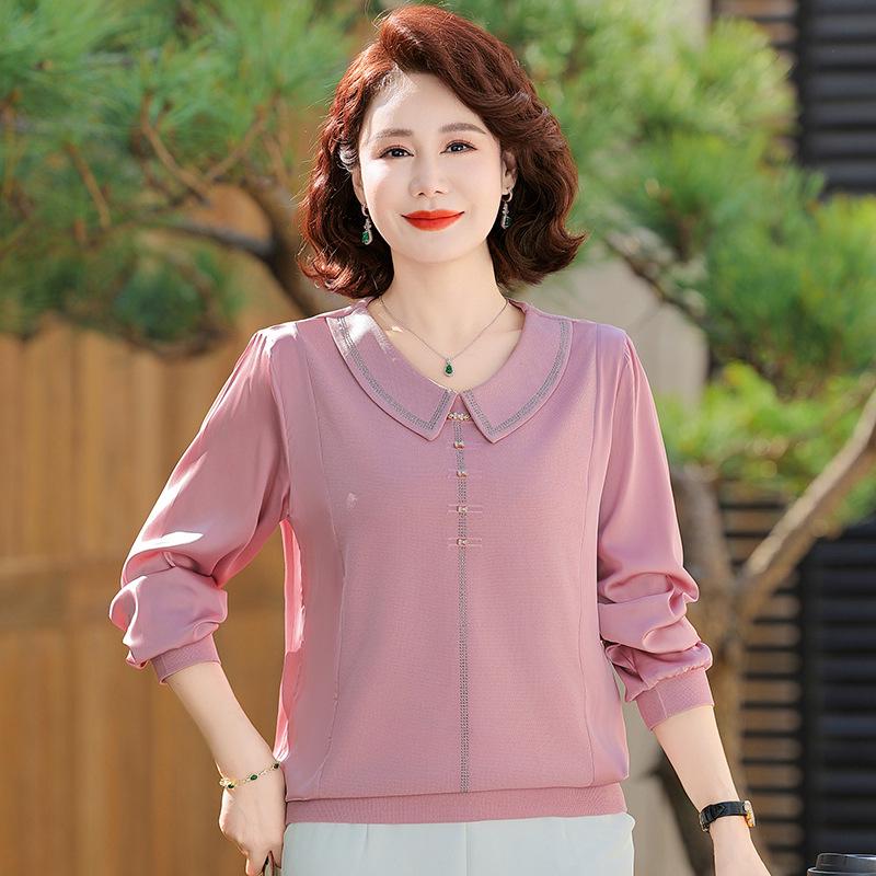 Elegant Silk-Like Long-Sleeve Tops for Middle-Aged Women