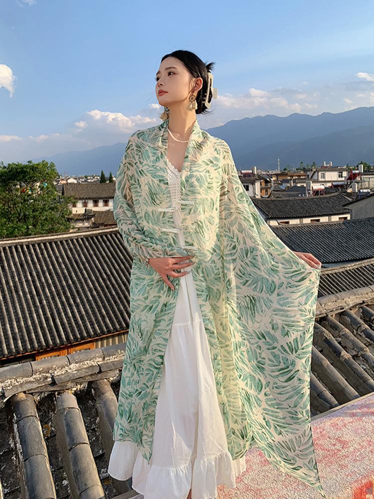 New Chinese Style Elegant Beach Women Silk Scarf Vacation Wrap Shawl Print Lady Sunscreen Bandana Long Hijab Scarve Pareo Mujer