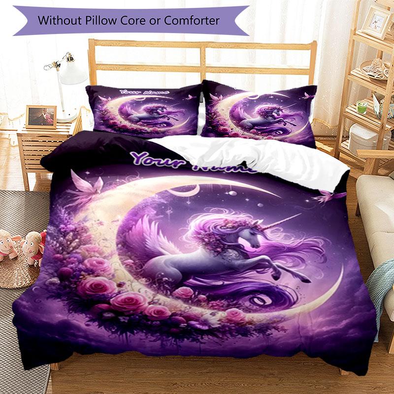 3PC Custom Name Unicorn Dreams Moon Bedding Set Duvet Cover Closure Includes 1 Duvet Cover & 2 Pillowcases for Bedroom