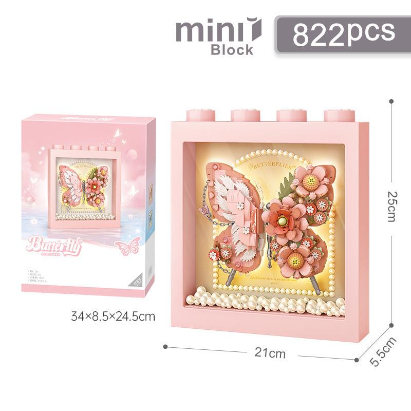 Idea Construction Brick Beauty Small Block Mechanical Flower Pearl Butterfly Photo Frame Construction Toys With Light For Girls Present