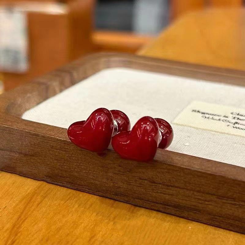 Versatile Retro Red Heart Angora Multi-Wear Earrings - High-End Fashion Studs for Sweet Commuting