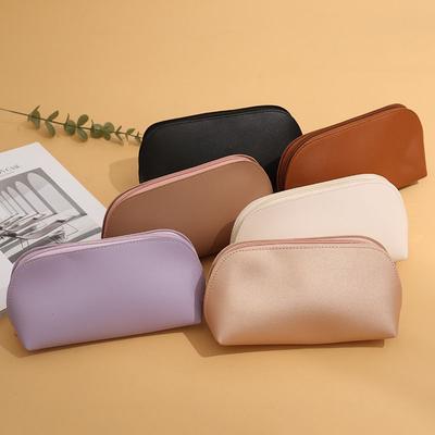 Simple Double-sided Leather Makeup Bag, Solid Color, Large Capacity Storage, Foreskin Material, Portable Shell Bag
