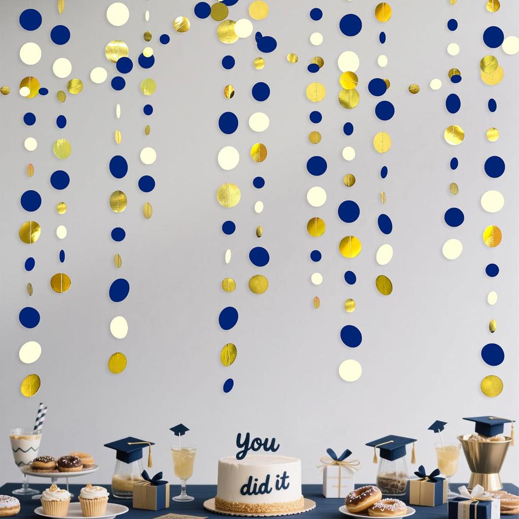 46 Ft Navy Blue and Gold Circle Dots Garland Royal Blue Hanging Paper Polka Dot Streamer for Birthday Wedding Bridal Baby Shower Graduations Nautical