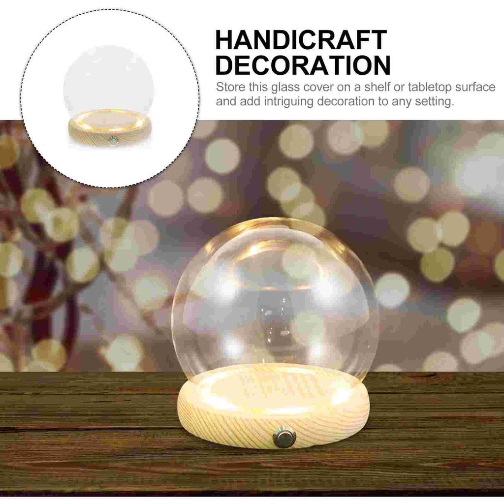Hand-Made Glass Cover Dome LED Decor Plant with Glowing Base Cloche Wooden Preserved Flower Display Case Decorate Toddler