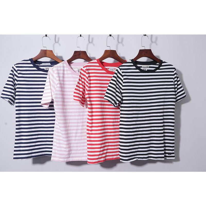 

9.9 Yuan 37318 Stripes Short-Sleeved T-shirt Pure Cotton round Neck Women s Summer Easiest for Match Loose Slim Looking Tops Black and white Stripes M