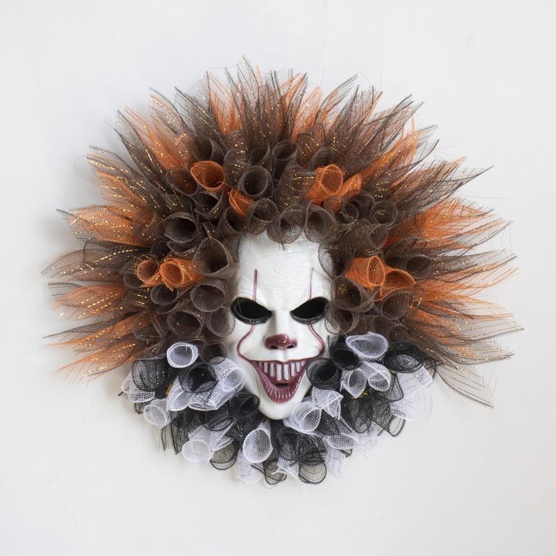 Halloween Clown Wreath Decor With Ribbon - Scary Fun Party Hanging Ornament Haunted House Porch Door Indoor Outdoor