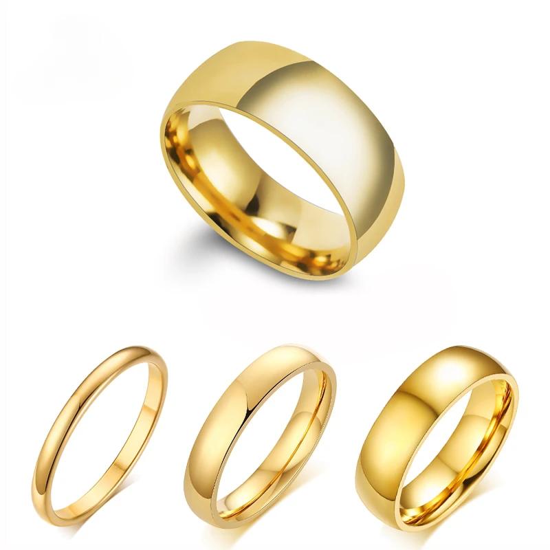 Simple 2/4/6/8mm Stainless Steel Wedding Rings Golden Smooth Women Men Couple Ring  Jewelry