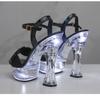 LED-beleuchtete Sandalen für Damen, transparenter Absatz, 14 cm hoher, leuchtender, schräger Absatz, rutschfeste, dicke Sohle, sexy Sandalen LFD-10365-A73
