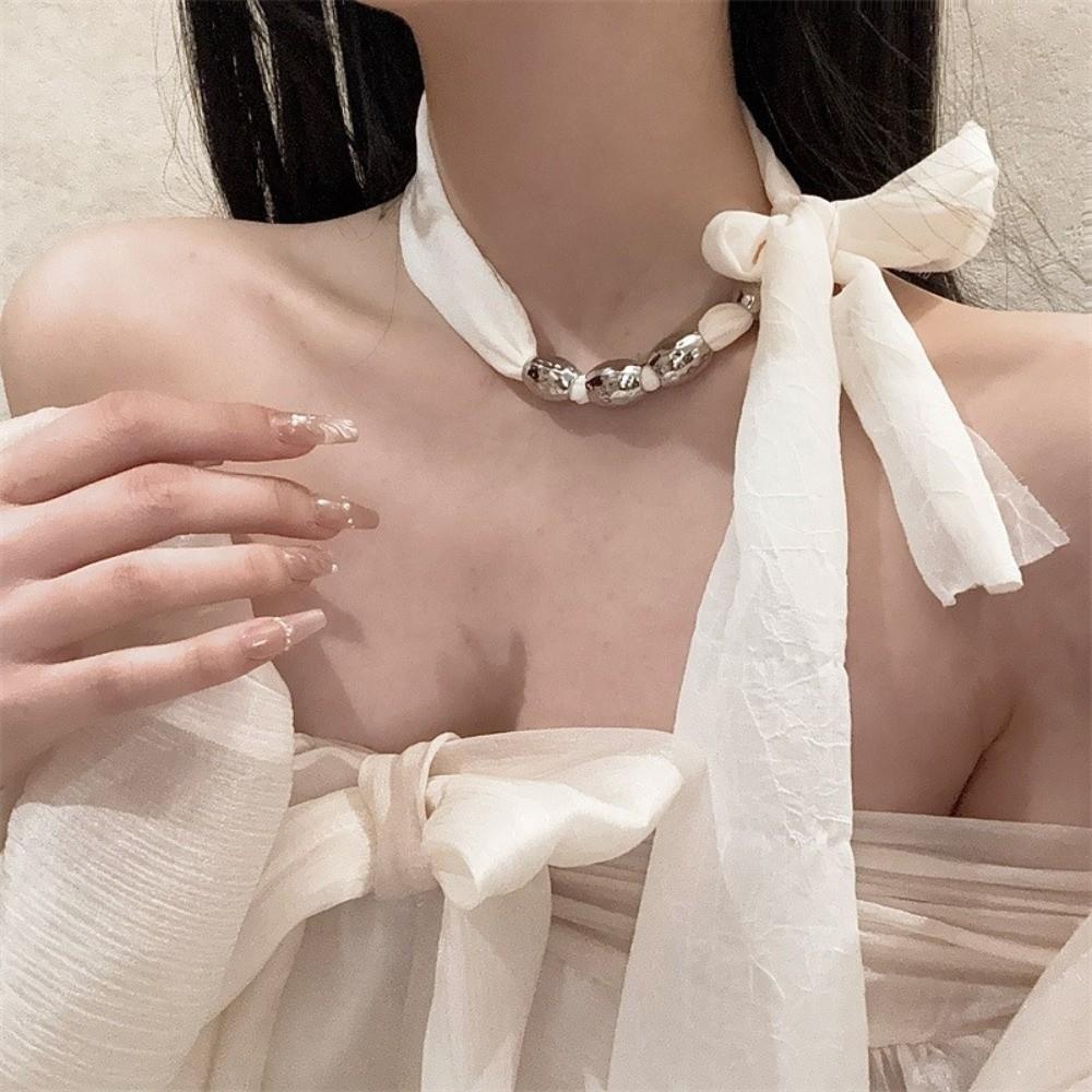 Personality Lace-up Collarbone Chain Elegant Ribbon Choker Beaded Silk Scarf Necklace  Gift