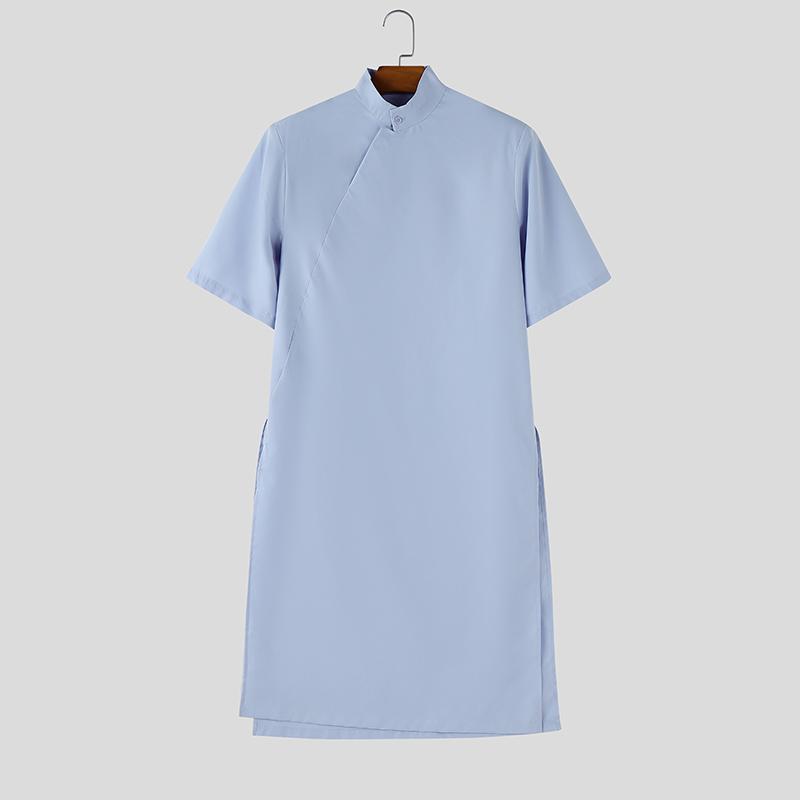 INCERUN Zomer Mannen Opstaande Kraag Korte Mouw Splitten Casual Lange T-shirts Tee
