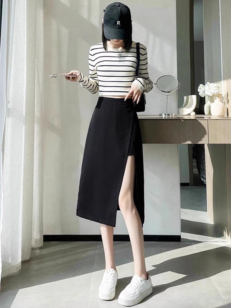 2024 Summer French Irregular Midi Skirt: Hip-Hugging A-Line with Slit Detail