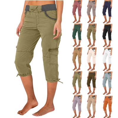 Women's Casual Color Blocking High Waisted Drawstring Pocket Workwear Pants Capris