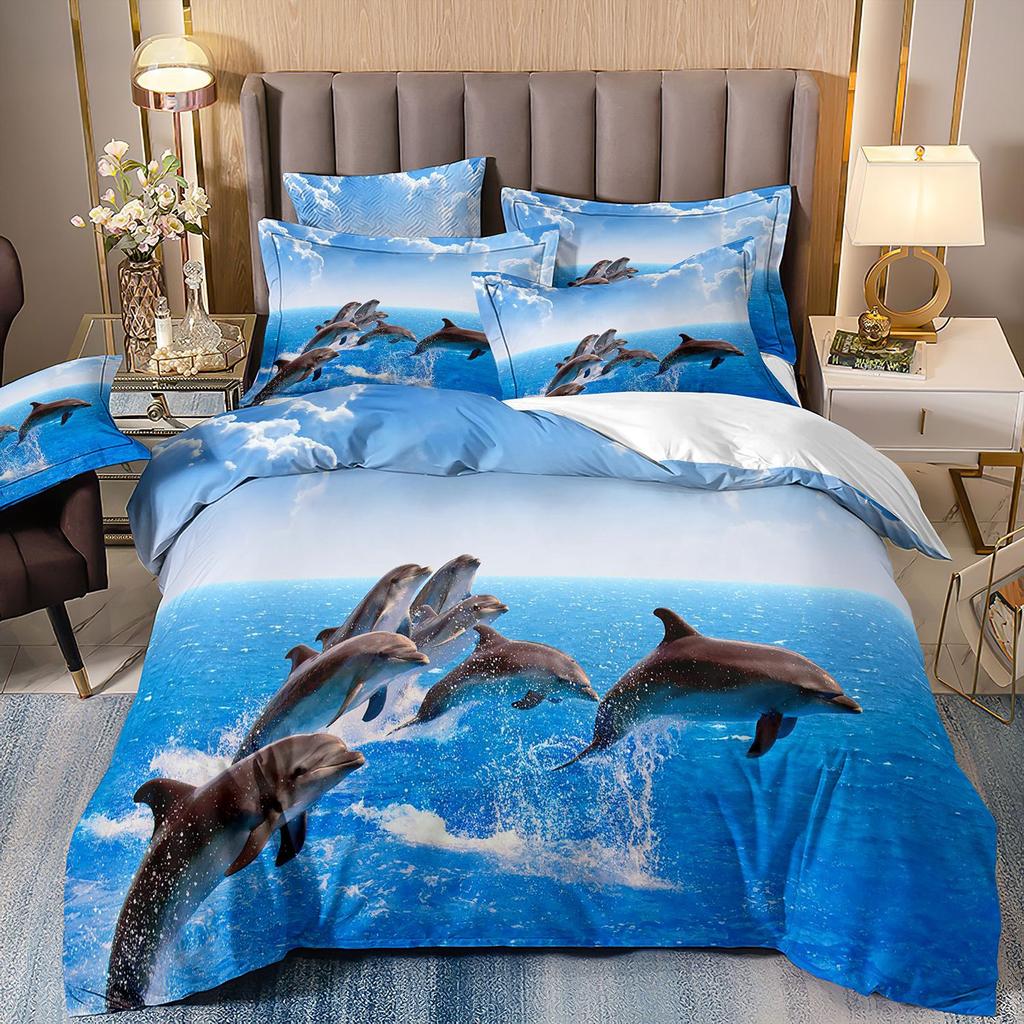 3D-gedruckte Heimtextilien Bettwäsche Delfin Meeresschildkröte Meerestier Quilt-Set Dreiteiliges Set