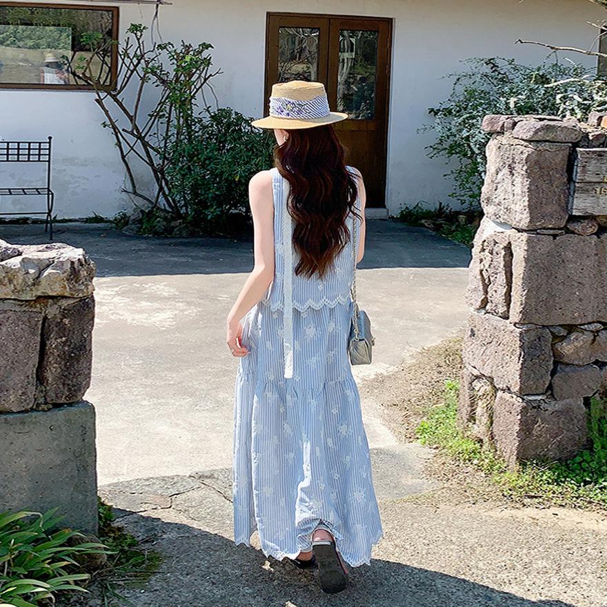 Blue Embroidered Striped Sleeveless Lace Skirt Set Women's Summer New Unique Beautiful Popular Two-piece Set