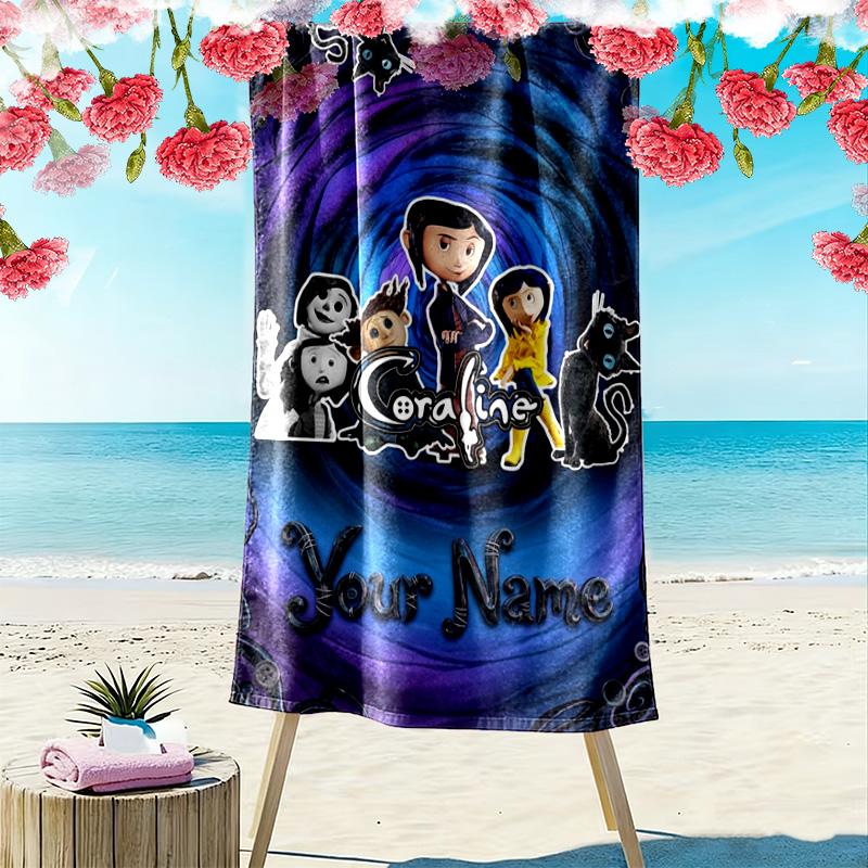Name Custom Cartoon Coraline Print Beach Towel, Large Soft Quick Dry Towel for Beach Camping Swimming