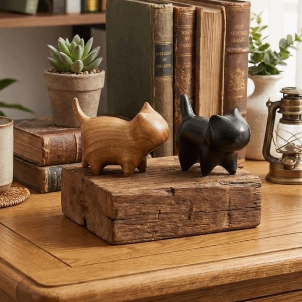 Wood Carving Cat Ornament Natural Texture Lucky Cat Ornament Wooden Cat Figurine  Bookshelf Display