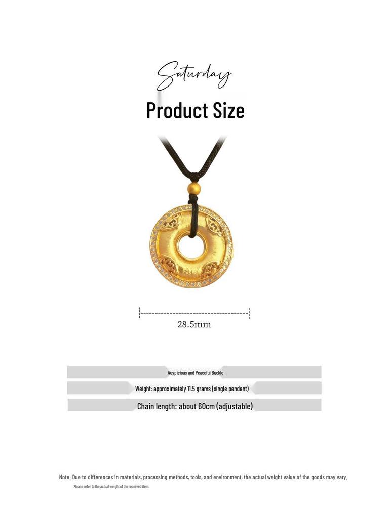 Chinese-Style Gold-Plated Peace Buckle Pendant Necklace with Rhinestones & Black Cord