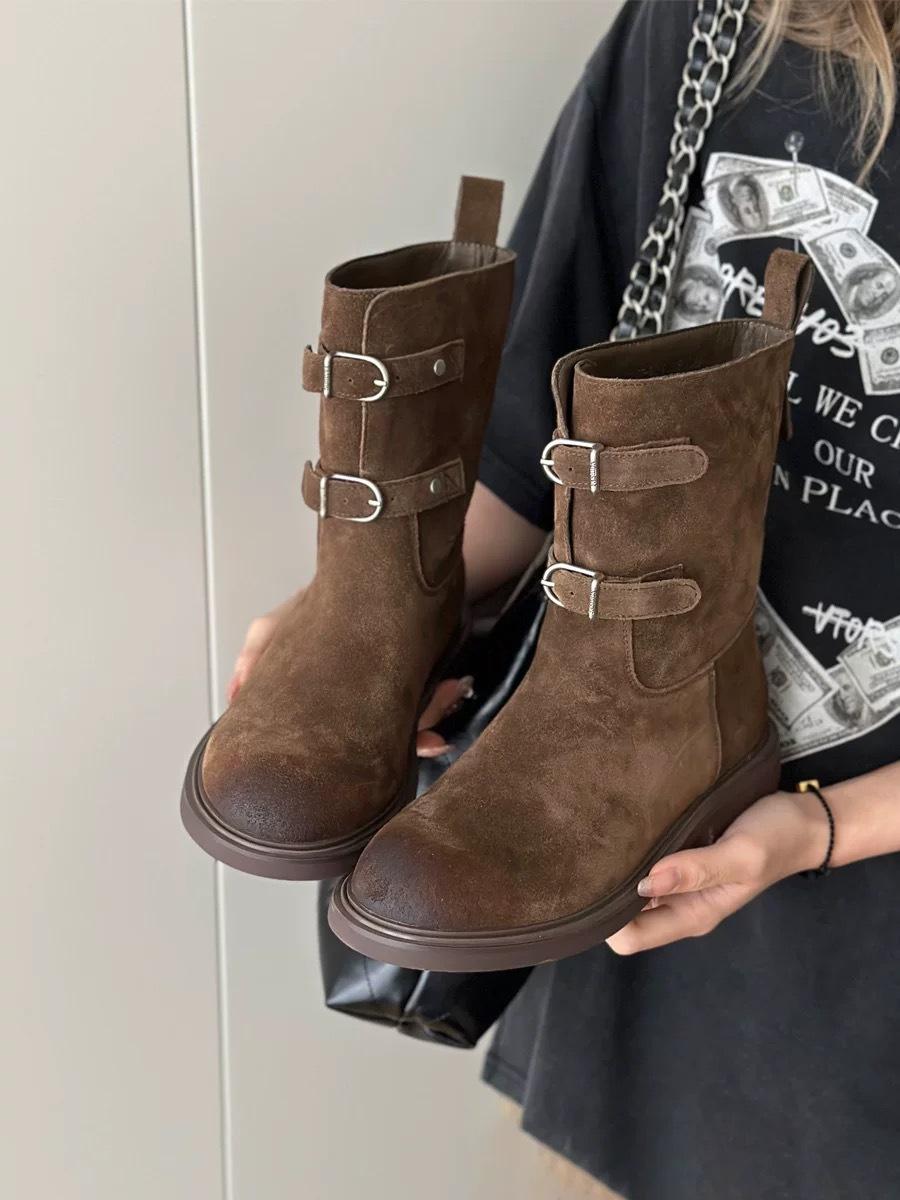 

Версия из коровьей кожи~ ретро полированная круглая пряжка ремня ботинки Мартин женские 2025 новые на толстом каблуке ботинки в стиле вестерн короткие ботинки 40